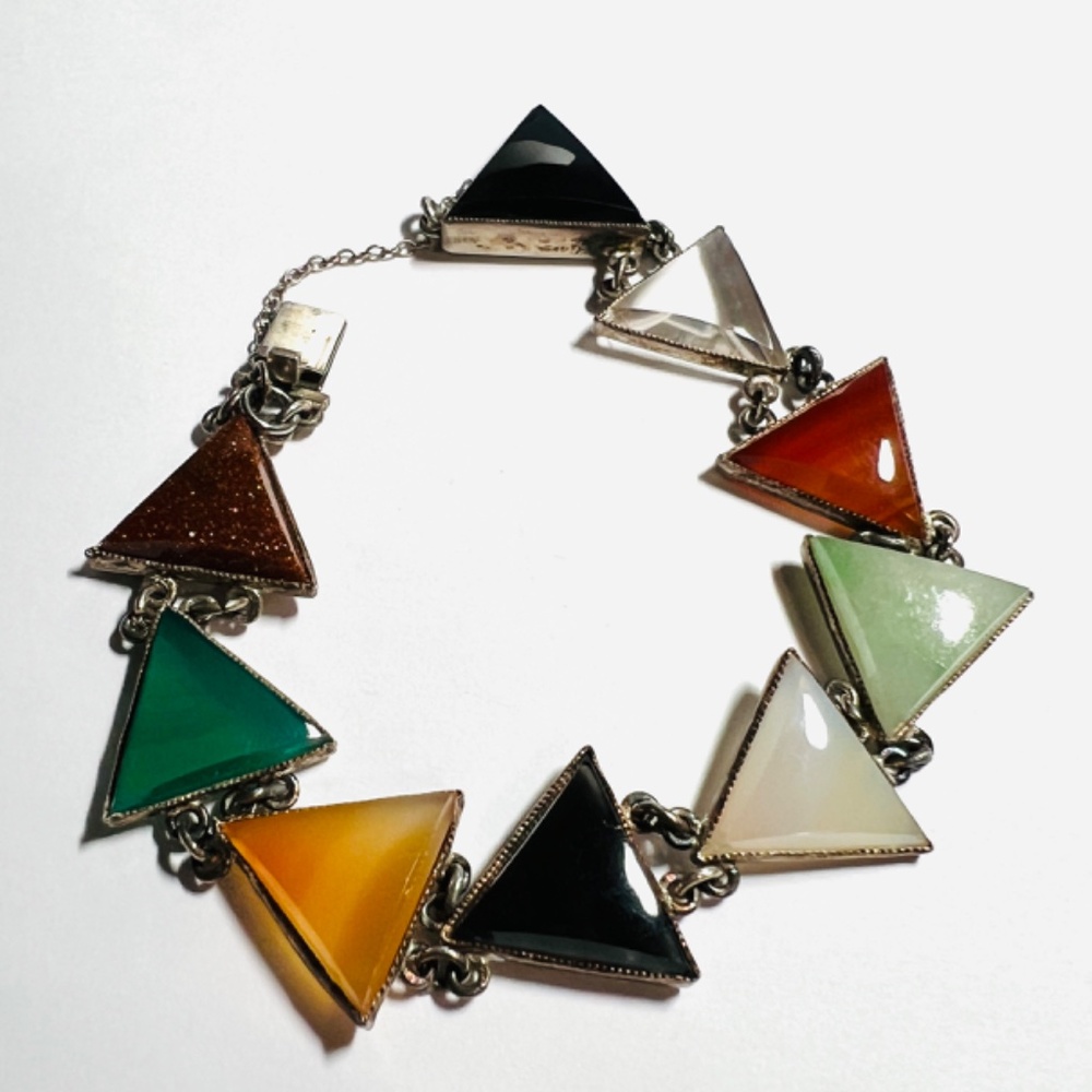 Vintage Midcentury Bracelet - Triangle Faceted Semi Precious Stones - Silver - Picture 5 of 11